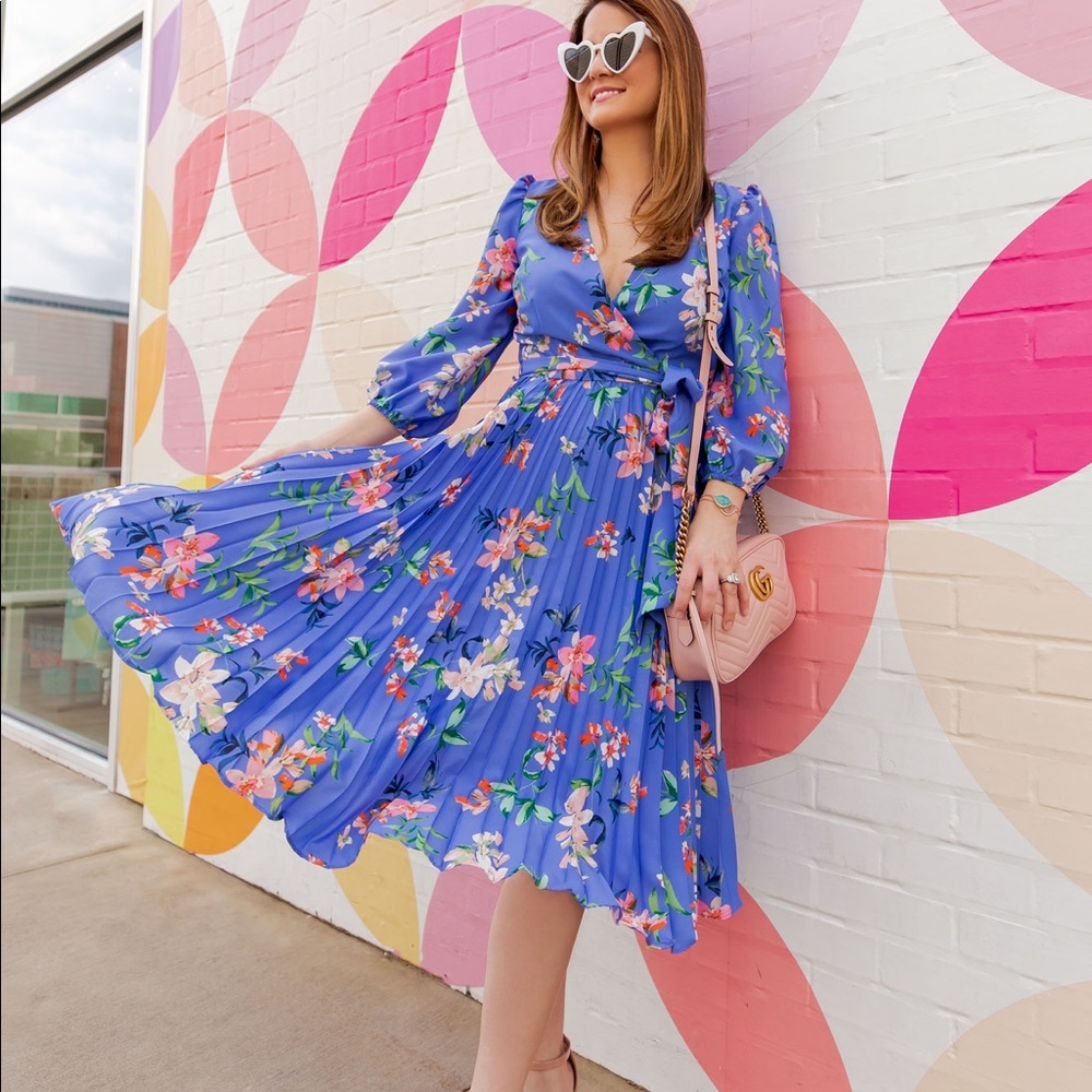 Eliza J Pleated Faux Wrap Dress in Blue